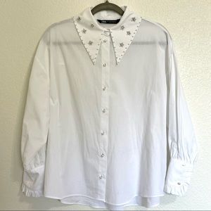 ZARA Small Beaded White Bob Collar Dress Shirt, Brand new condition, worn once!